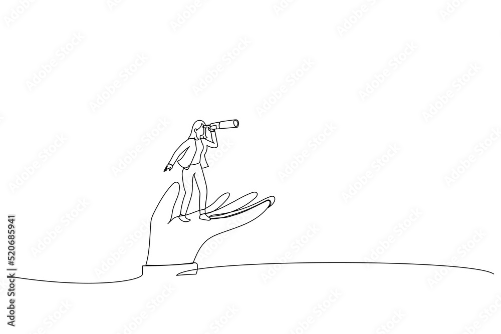Cartoon of businesswoman stand on support hand look into telescope vision. Support or empowerment for career development. Single continuous line art style Cartoon of businesswoman stand on support hand look into telescope vision. Support or empowerment for career development. Single continuous line art style