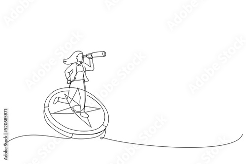 Drawing of businesswoman standing on compass showing direction. Symbol of strategy, future vision. Single line art style