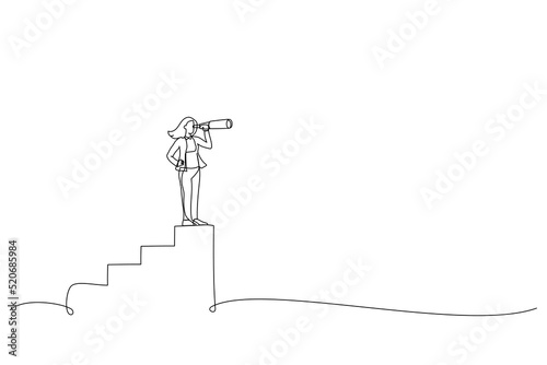 Illustration of businesswoman and telescope. Vision concept in business , symbol leadership, strategy, mission, objectives. One line style art