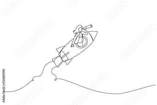 Drawing of businesswoman manager open rocket window using telescope looking forward. Entrepreneurship, leadership to see future vision. Single continuous line art
