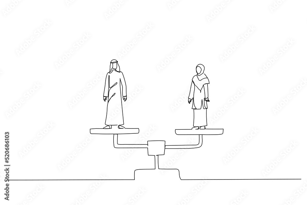 Cartoon of arab business man and hijab business woman standing on balance scales. Opportunities in workplace concept. Continuous line art Cartoon of arab business man and hijab business woman standing on balance scales. Opportunities in workplace concept. Continuous line art