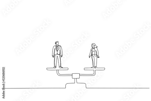 Drawing of business man and woman standing on balance scales. Gender equality metaphor. Single line art style