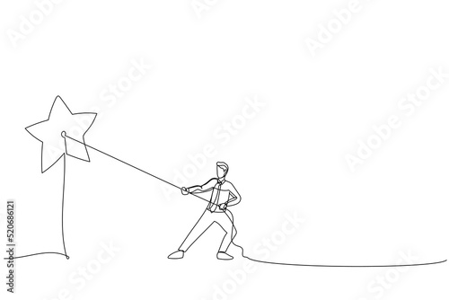 Illustration of Businessman pulling the star. Working Achievement metaphor. One line style art