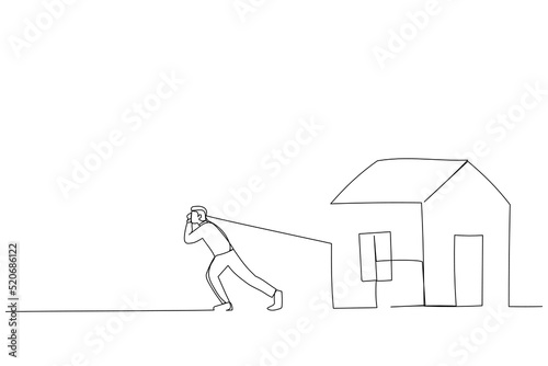 Drawing of man pulled heavy houses. Single continuous line art
