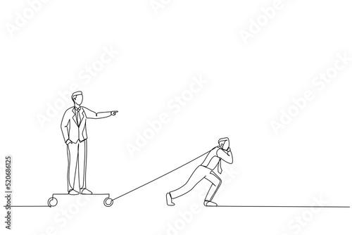Illustration of businessman pull trolley led to a goal for boss. One continuous line art style