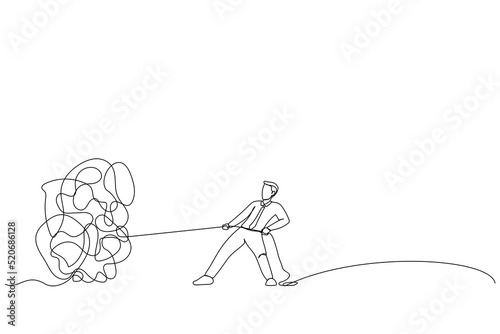 Cartoon of businessman trying to unravel tangled rope or cable. Single continuous line art style photo