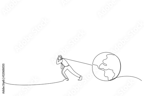 Illustration of businessman moving the globe, environmental sustainability metaphor. One line art style