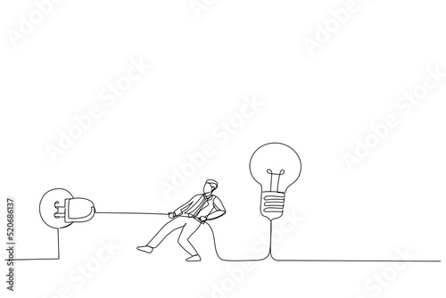 Cartoon of businessman trying to unplug the light bulb brain, sabotage, killing creativity metaphor. Single continuous line art style