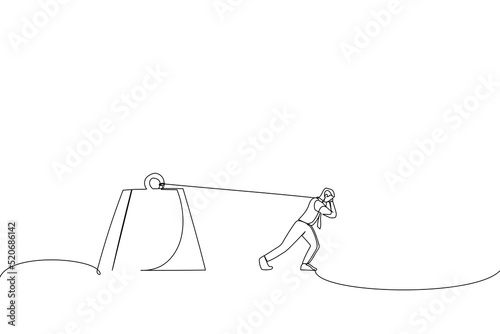 Illustration of Businessman is pulling a huge weight with a tax. Taxpayer metaphor. One line style art