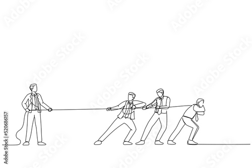Cartoon of Business team pulling rope against successful businessman. Single continuous line art style