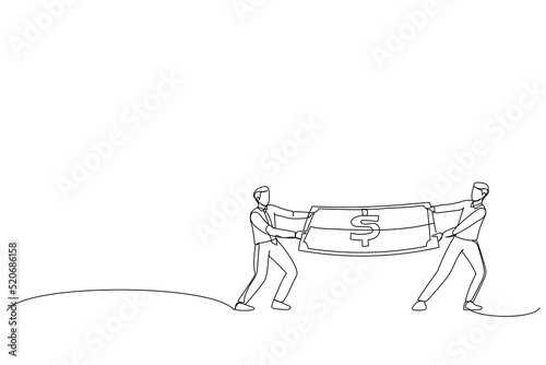 Illustration of businessman and business woman fights over money. One line art style