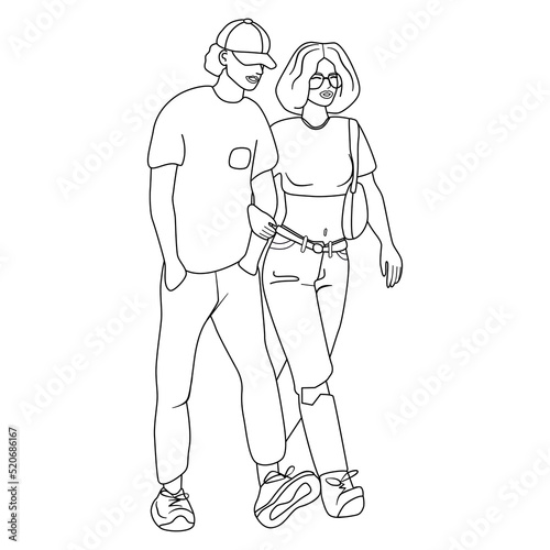 Romantic couple walking together. Man and woman on a casual date. Quality time together. Vector illustration in simple linear style. 