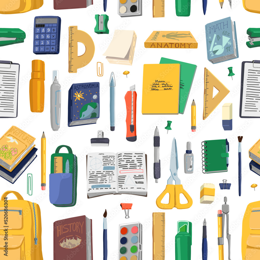 Obraz premium Ornament of school supplies. Backpack, notebooks, textbooks, stationery items, beginner artist tools in cartoon style. Back to school vector seamless pattern.