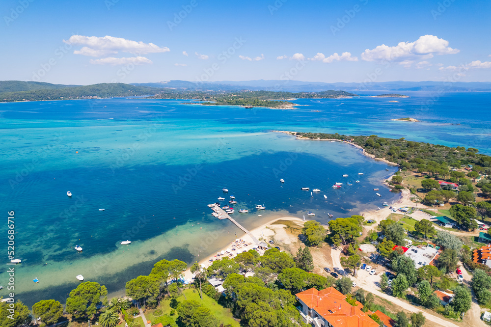 aerial view of clear and shallow seawater of Karydi Beach, Halkidiki Peninsula, Greece. High quality photo