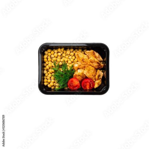 baked chickpeas with chicken pieces in a plastic container. food delivery, on a white background