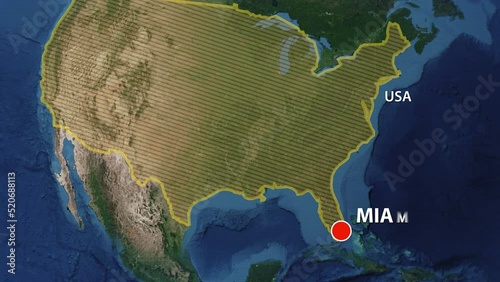 Designation of the borders the United States of America on the map and the mark of the location of the city of Miami