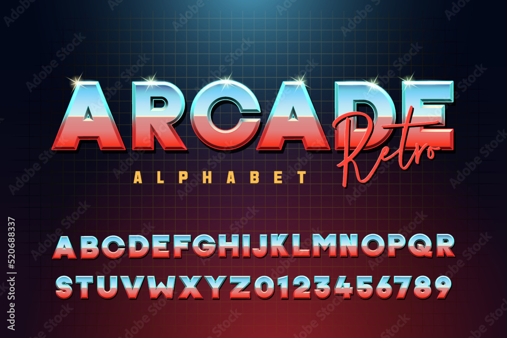 Arcade Retro vector alphabet. Modern font with blue and red colors