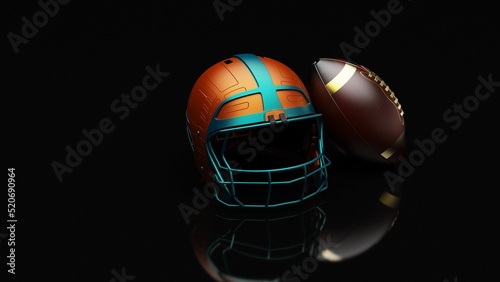 American football Orange-Green Red helmet and Brown-Black Ball under foggy black laser lighting. 3D illustration. 3D CG. 3D high quality rendering.