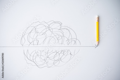 Pencil draw straight line break through confuse zone on white background. Breaking through obstacle to new idea, imagination, innovation and problem solving in business, financial or education concept