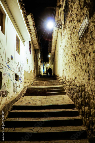 Cusco, Peru; 25 07 2022: Cusco sacred valley of the incas pathway lifestyle of city touristic capital. Multiethnic both Quechua and Inca indigenous ruins heritage with colonial architecture