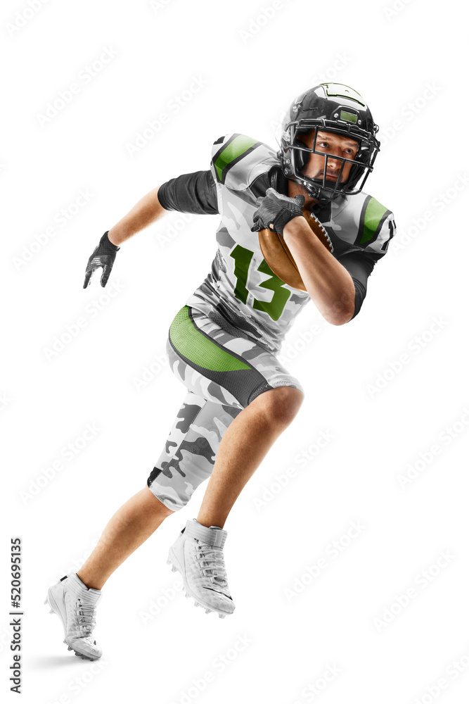 American football sportsman in action and motion. Sport. Running athlete. Isolated on white background. Sportsman in action