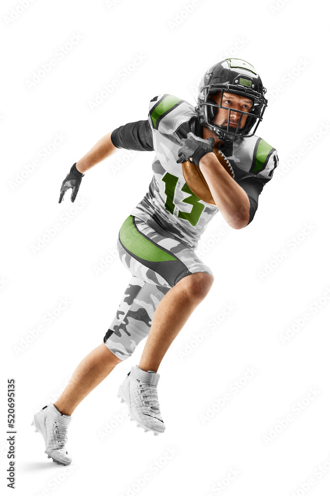American football sportsman in action and motion. Sport. Running athlete. Isolated on white background. Sportsman in action American football sportsman in action and motion. Sport. Running athlete. Isolated on white background. Sportsman in action