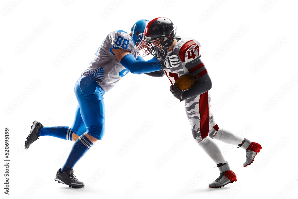 Sports action. Fight of two American football players. Sports emotions. Isolated on white background