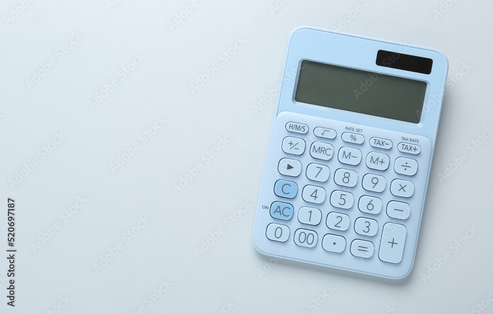 Modern calculator on white background, top view. Space for text Modern calculator on white background, top view. Space for text