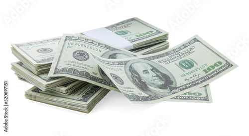 Many dollar banknotes on white background. American national currency
