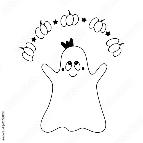Pretty halloween ghost juggles pumpkins.Doodle style.Childish cartoon halloween clipart.Outline.Isolated on white background.