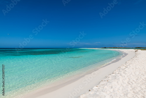 Los Roques Archipelago, Venezuela, 07.30.2022: white tropical beach in Cayo de Agua (Water Cay).