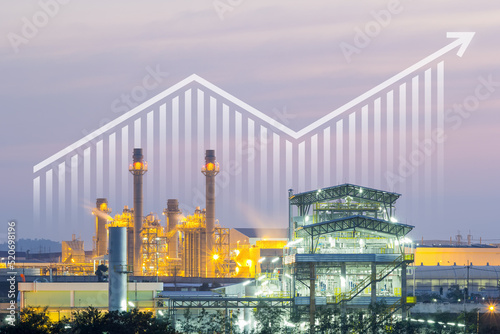 Power plant, gas fired power station. Include increasing bar chart, graph, arrow. Industrial factory may called combined cycle gas turbine plant. Concept for growth in electricity energy generation.
 photo