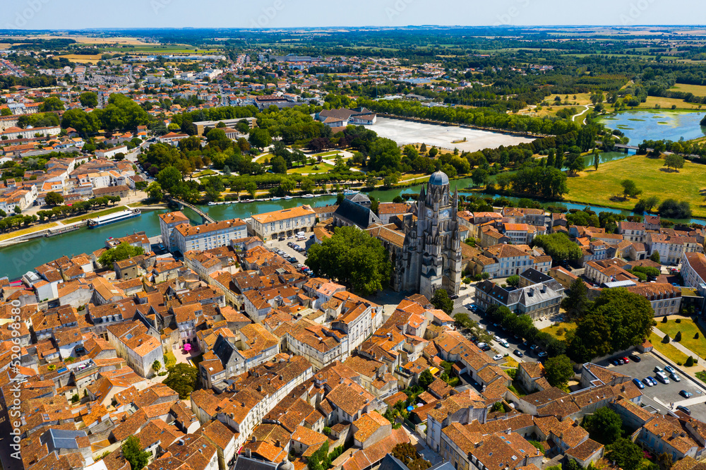 Aerial view of the city of Saintes and Saint Peters Basilica. France