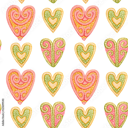 Seamless pattern with heart. Valentine card. Symbols of Valentine's day. Watercolor and acrylic illustration. The print is used for Wallpaper design, fabric, textile, packaging.