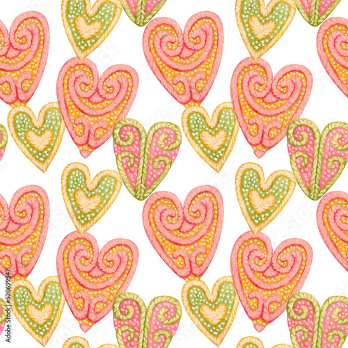 Seamless pattern with heart. Valentine card. Symbols of Valentine's day. Watercolor and acrylic illustration. The print is used for Wallpaper design, fabric, textile, packaging.