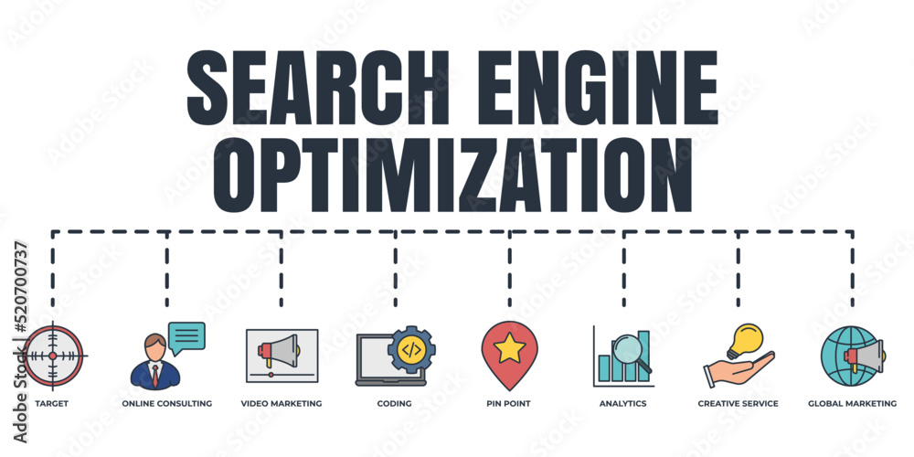 Search Engine Optimization. SEO banner web icon set. creative service, video marketing, target, coding, pin point, online consulting, global marketing, analytics vector illustration concept. Search Engine Optimization. SEO banner web icon set. creative service, video marketing, target, coding, pin point, online consulting, global marketing, analytics vector illustration concept.