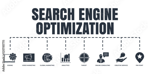 Search Engine Optimization. SEO banner web icon set. creative service, video marketing, target, coding, pin point, online consulting, global marketing, analytics vector illustration concept.
