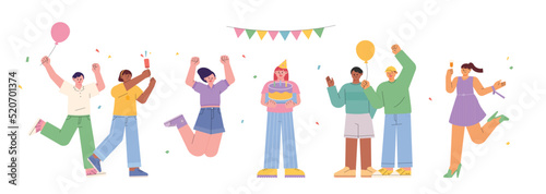 birthday party. The birthday protagonist is holding a cake and friends are celebrating. flat design style vector illustration.