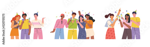 Group of friends wearing cone hats and having a birthday party. flat design style vector illustration.