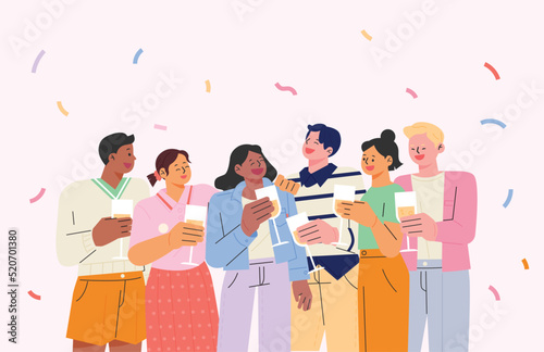 People holding champagne and having fun standing together. flat design style vector illustration.