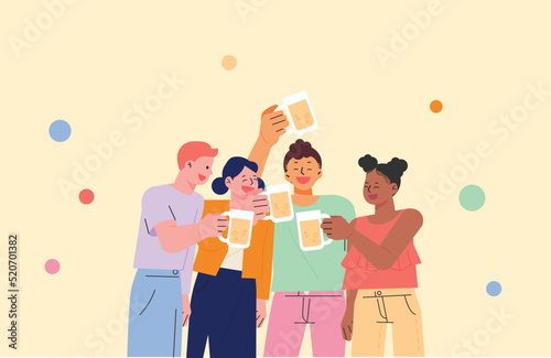 Friends get together and have fun drinking beer. flat design style vector illustration.