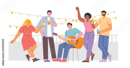 Friends are having a party on the rooftop. flat design style vector illustration.