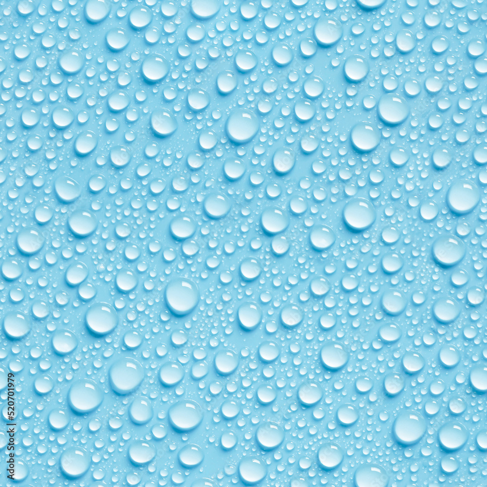 Real seamless texture condensation water droplet on light blue background. Repeating pattern water drops.