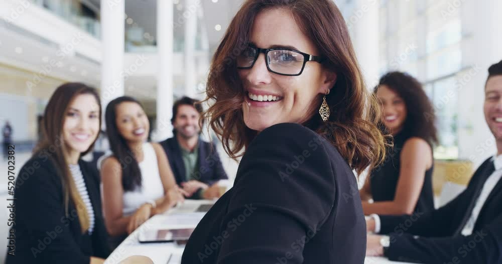 Manager, leader and female boss leading a diverse team of executive business men and women. Portrait of confident or proud office ceo turning around ready for planning or brainstorming in a boardroom