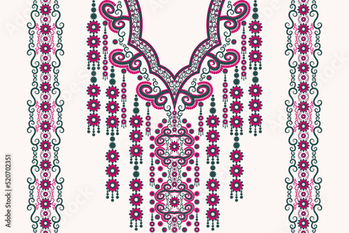 Vector ethnic neck embroidery floral pattern feminine color style. Tribal art shirts fashion.