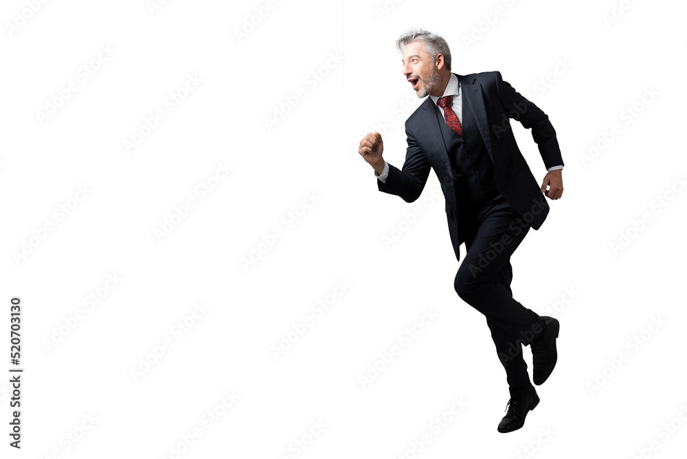 Full length portrait of senior Businessman running in elegant blue suit. isolated on white background with copy space.