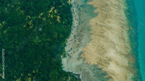 Aerial drone view of coastline scenery at Besar Island or Pulau Besar in Mersing, Johor, Malaysia