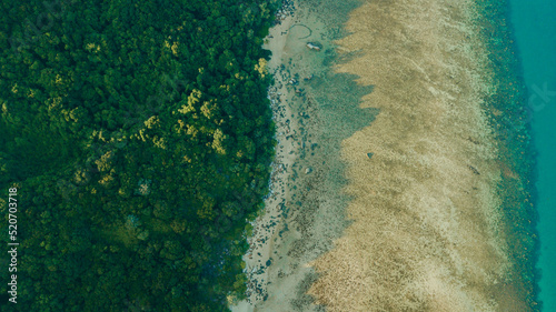 Aerial drone view of coastline scenery at Besar Island or Pulau Besar in Mersing, Johor, Malaysia