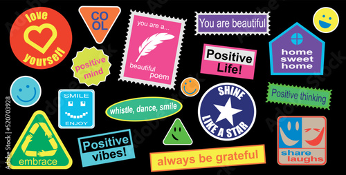 Sticker pack. Trendy pin collection. Set of cool vector design patches. Good vibes, positive energy and good badges. Retro desing