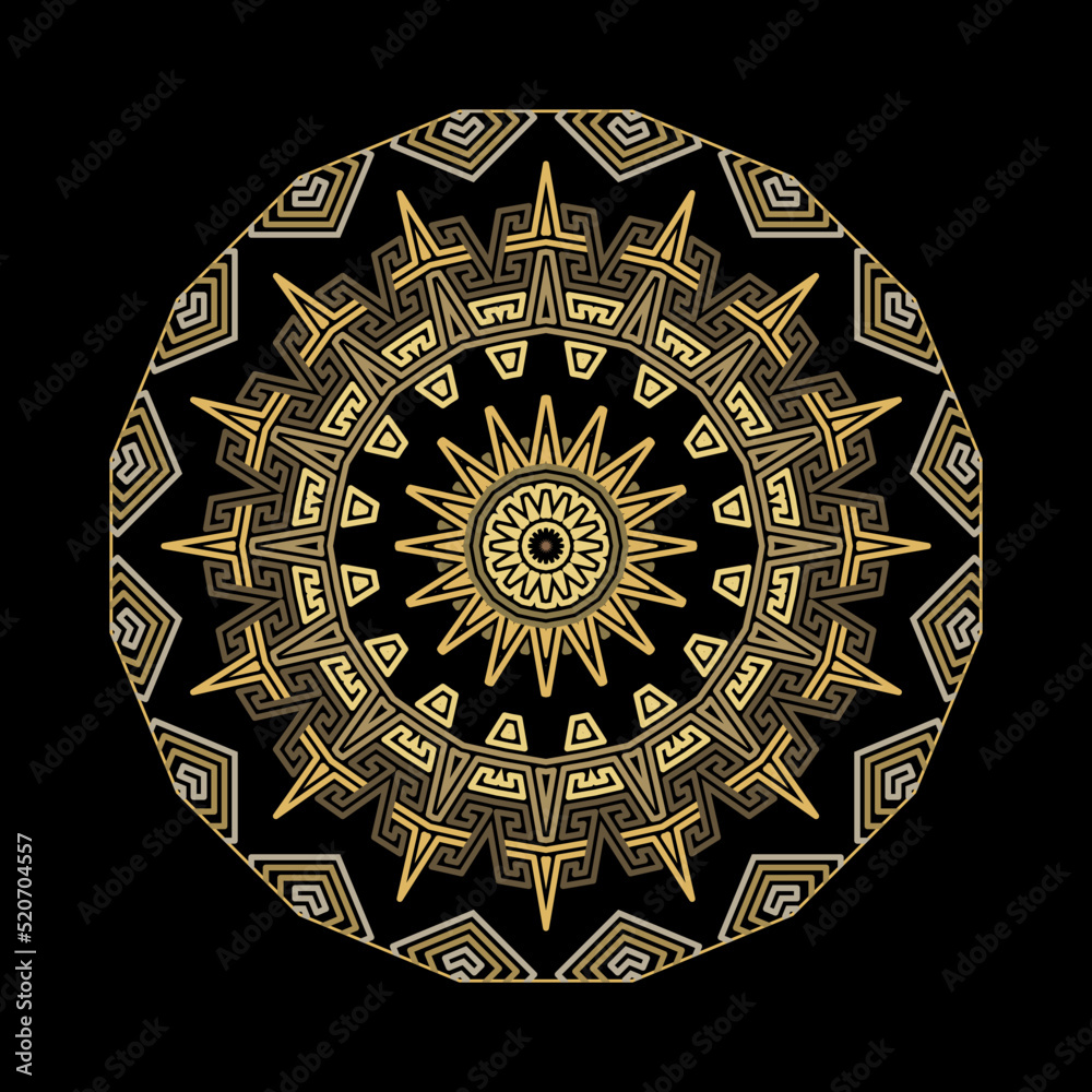 Ethnic greek style sunny mandala pattern. Ornamental colorful vector background. Tribal traditional backdrop. Round radial zig zag ornament. Abstract shapes, zigzag lines, circles, greek key, meander